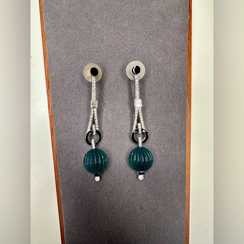 Art Deco 89 Teal Carved Orb Earrings 80s Deco Revival Dangle Silver Crystal Drop - Picture 4 of 9